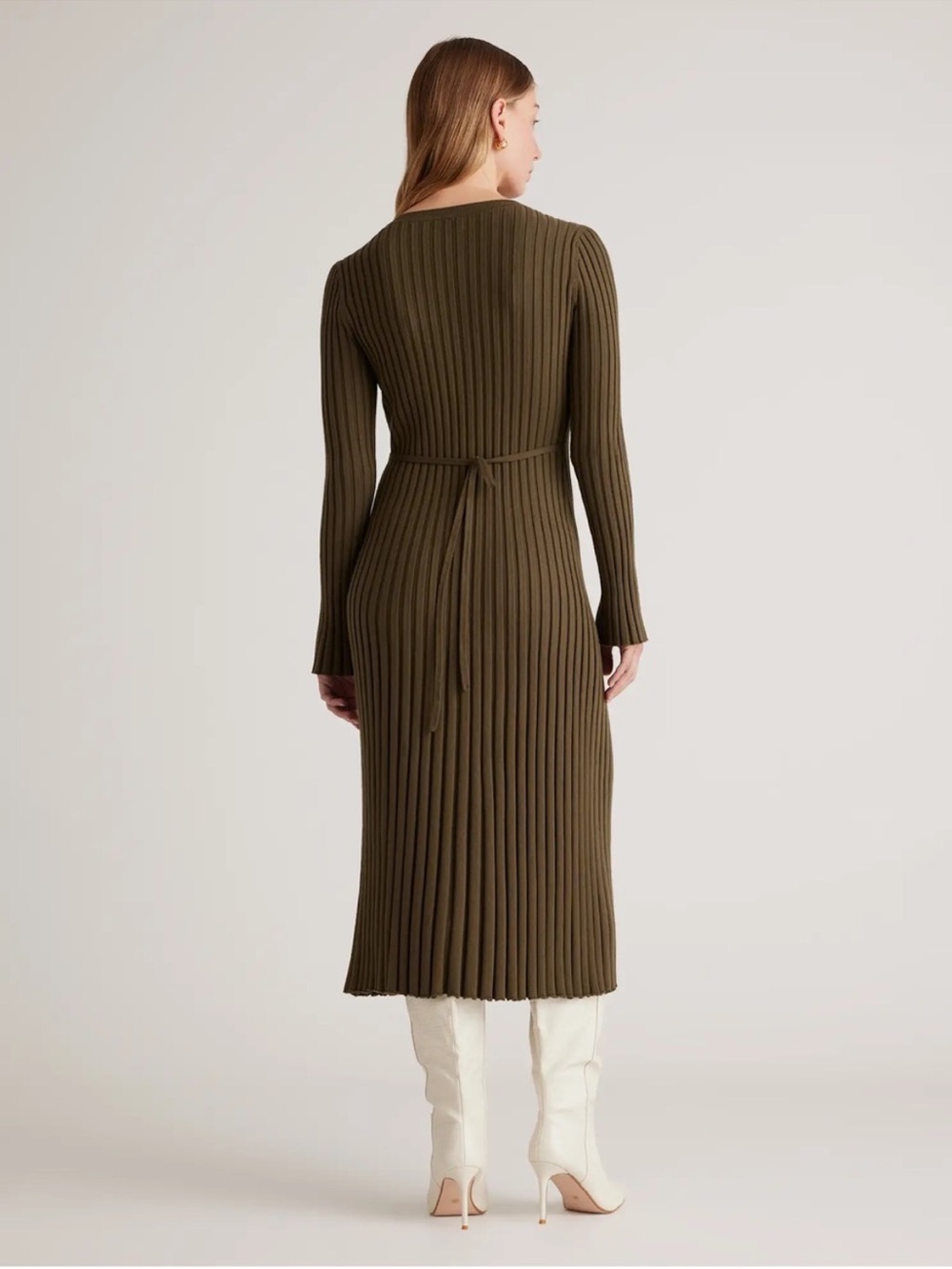 Quince Cotton Cashmere Ribbed Long Sleeve Crew Midi Dress in Olive Size Small - Picture 2 of 9